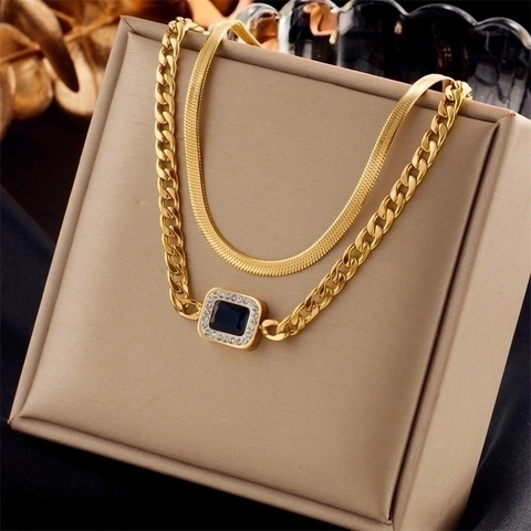 Layered Pendant Necklace Stainless Steel Gold Square Blue Gemstone Rhinestone Retro Punk Hip Hop Geometric Jewelry For Women