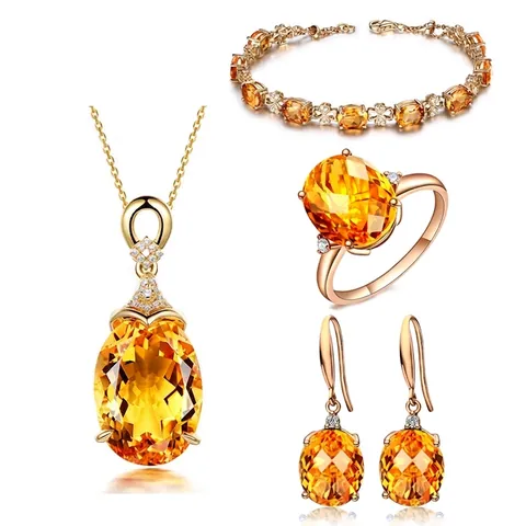 Ovale Gele Kristallen Ketting Armband Ring Oorbellen Koper Verguld Elegante Sieraden Vrouwen Mode Bruiloft Feest Accessoires