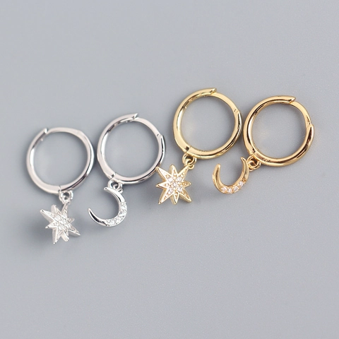 Star And Moon Asymmetric Hoop Earrings 925 Sterling Silver Cubic Zirconia Pave Minimalist Celestial Jewelry Women