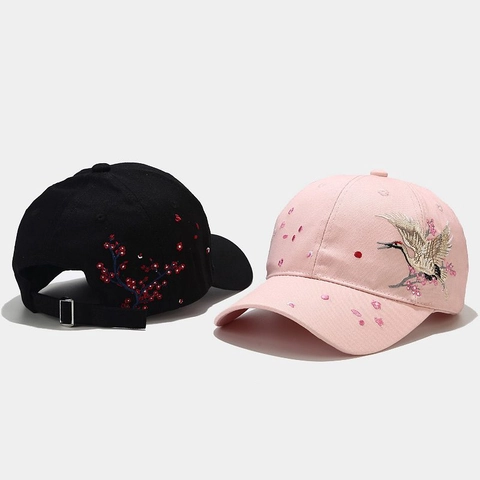 Gorra De Béisbol De Algodón Con Bordado De Grulla Y Flor De Cerezo Sombrero De Sol Étnico Ajustable Para Mujer