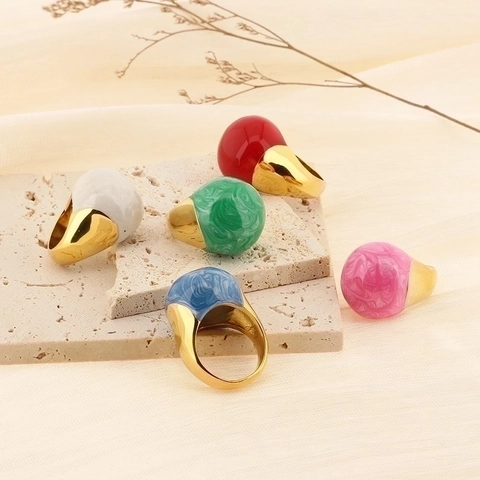 Large Hemispherical Dome Ring Stainless Steel With Resin Marble Pattern Retro French Style Fashion Jewelry For Women