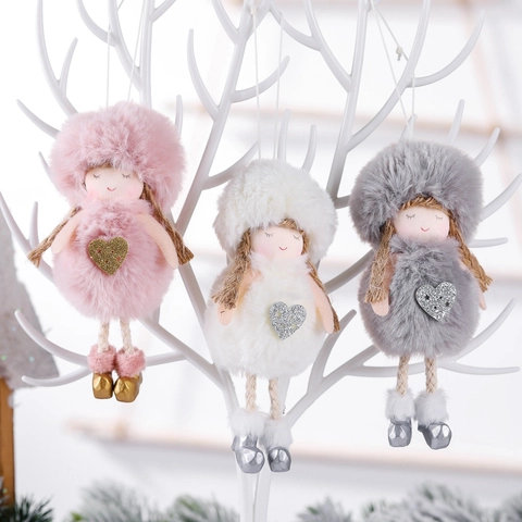 Peluche Ange De Noël À Suspendre Fausse Fourrure Paillettes Cœur Flocon Neige Décoration Arbre Vacances Hiver