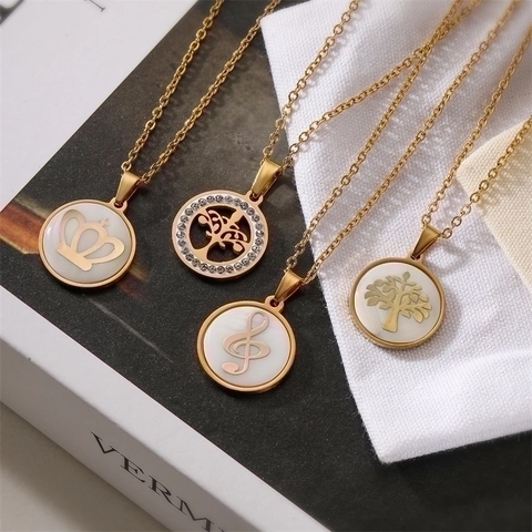 Edelstahl Rund Muschel Lebensbaum Krone Violinschlüssel Anhänger Halskette Für Damen Herren Mode Schmuck Geschenk