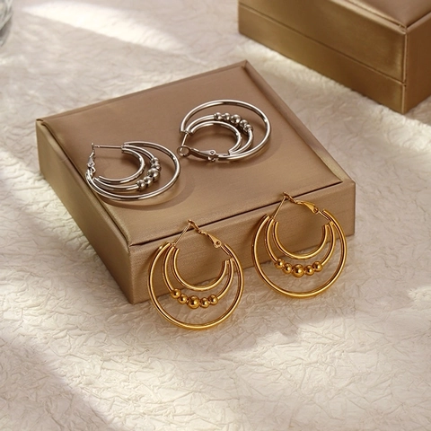 Multi Layer Geometric Hoop Earrings With Beads 18K Gold Plated Stainless Steel Minimalist Trendy Fashion Jewelry For Women