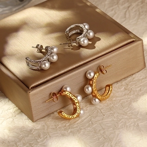 Pendientes De Aro En C Texturizados Vintage Francés Acero Inoxidable Con Perlas Artificiales Incrustadas Chapado En Oro 18K Joyería Chic