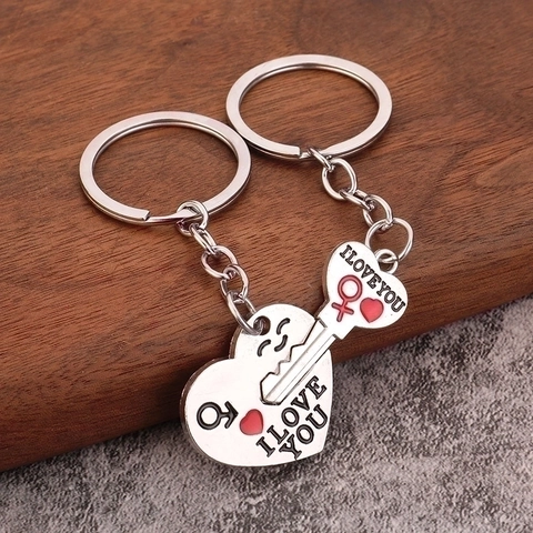 Heart And Key Shape Couple Keychains Zinc Alloy I Love You Engraved Red Enamel Gender Symbols Romantic Lovers Gift
