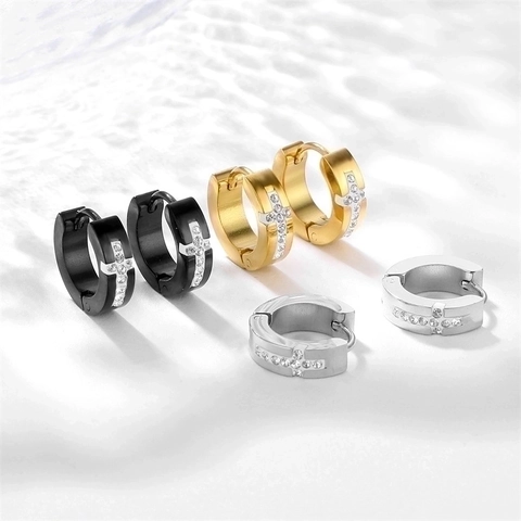 Cross Huggie Hoop Earrings Stainless Steel Zircon Inlaid Carved Geometric Punk Hip Hop Jewelry For Men Women