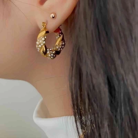 Twisted Hoop Earrings For Women Stainless Steel 18K Gold Plated Rhinestone Geometric Elegant French Retro Ear Studs