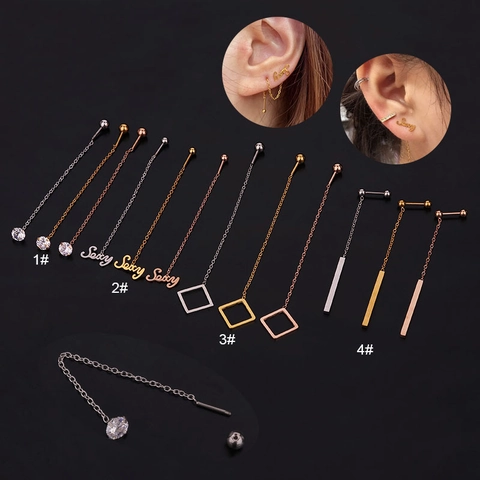 Pendientes De Cartílago De Acero Inoxidable Joyas Para Piercing Con Circón Cadena Geométrica Para Mujeres
