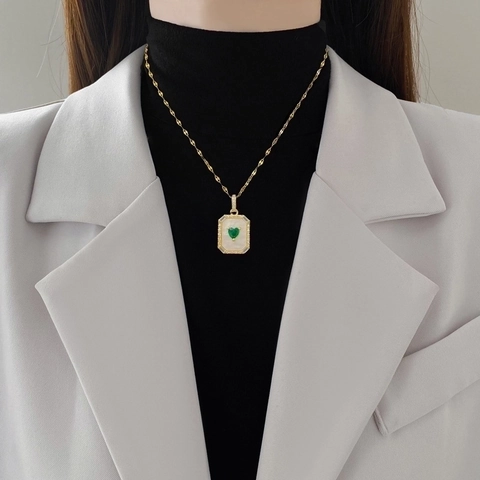 Collar Con Colgante Rectangular Con Piedra Preciosa Corazón Verde Nácar Concha Circón Cadena De Acero De Titanio Vintage Elegante Para Mujeres