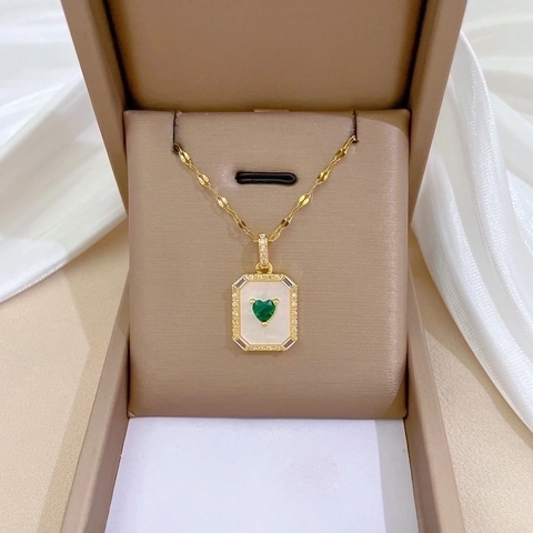 Collar Con Colgante Rectangular Con Piedra Preciosa Corazón Verde Nácar Concha Circón Cadena De Acero De Titanio Vintage Elegante Para Mujeres