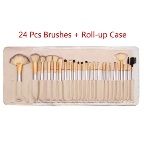 Professional Makeup Brushes Soft Synthetic Bristles Wood Handles Aluminum Tube With PU Leather Roll Pouch