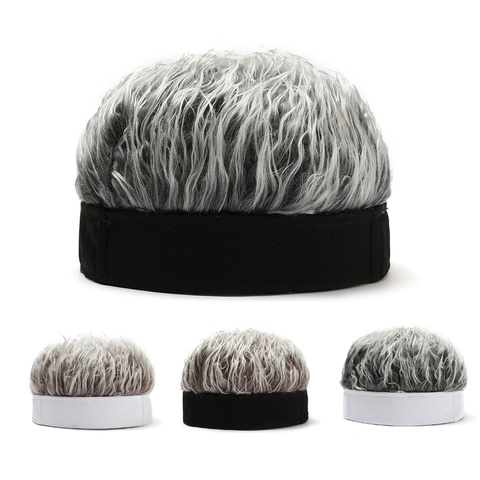 Novelty Retro Brimless Docker Hat With Short Wig Hair Spoof Streetwear Beanie For Men Women Party Gift Adjustable
