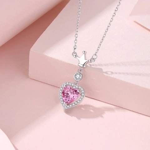 925 Sterlingsilber Herz Anhänger Halskette Mit Rosa Zirkonia Krone Design Süßer Romantischer Schmuck Für Damen Dating Geschenk