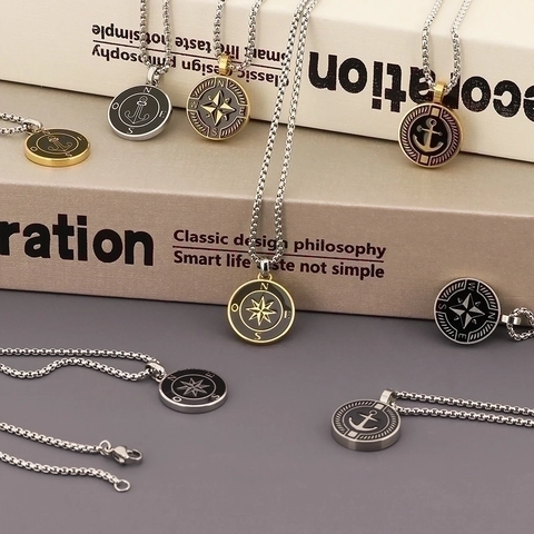 Retro Stainless Steel Nautical Anchor Compass Pendant Necklace For Men Couples Star Sea Design Fashion Jewelry