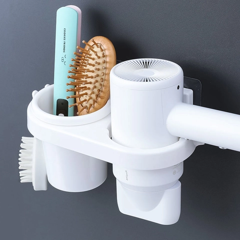 Wall Mounted Hair Dryer Holder Bathroom Storage Rack No Drill PP Plastic Organizer With Comb Bucket Hooks For Haircare Tools