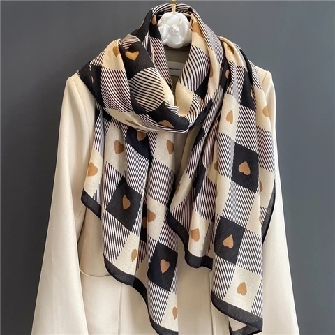 Sciarpa Con Motivo A Scacchi Cotone Lino Stampa A Cuore Scialle Leggero Traspirante Avvolgente Per Donne Moda Versatile