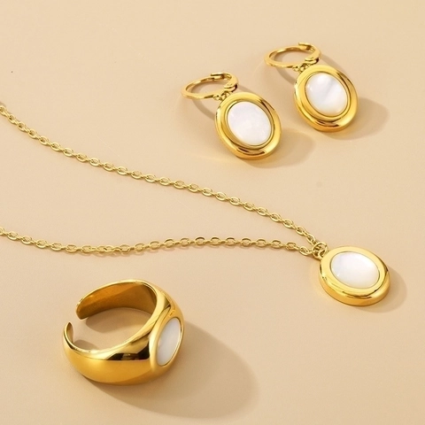 French Style Oval White Cat Eye Stone Jewelry Titanium Steel Necklace Bracelet Leverback Earrings Adjustable Ring Women