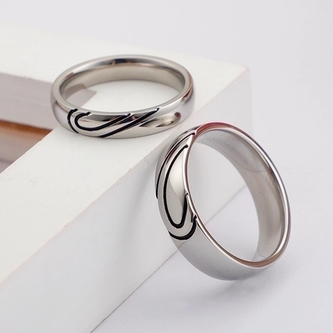 Anillos De Pareja En Forma De Corazón Acero Inoxidable Pulido Línea Ondulada Joyas Minimalistas Hombres Mujeres