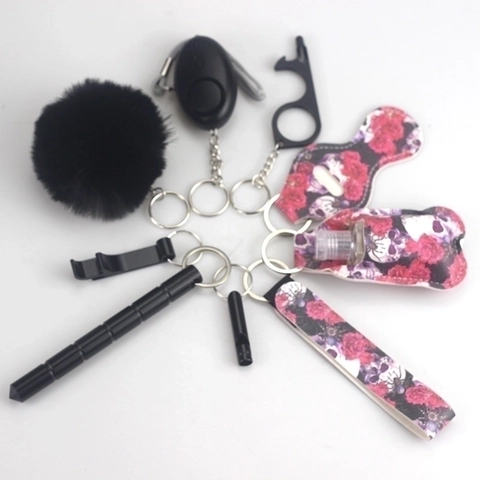 Multifunktionaler Personenschutz-Schlüsselanhänger für Damen Alarm-Kit mit Kunstfell Pompon Tasche Armband Pfeife Flaschenöffner