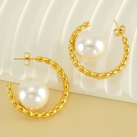 Orecchini A Cerchio A C In Acciaio Inossidabile Placcato Oro 18K Con Grande Perla Artificial Bianca Gioielli Eleganti Retrò Francesi