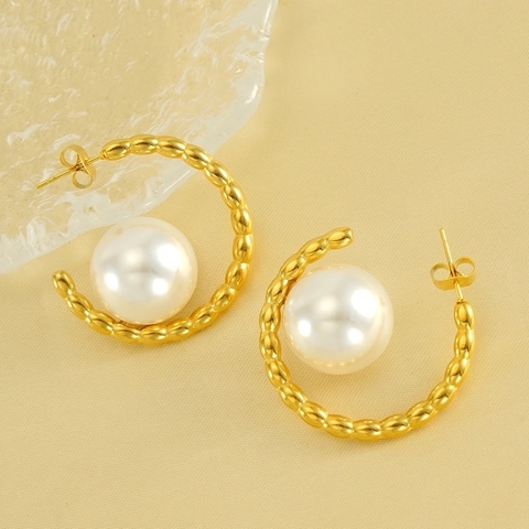 Orecchini A Cerchio A C In Acciaio Inossidabile Placcato Oro 18K Con Grande Perla Artificial Bianca Gioielli Eleganti Retrò Francesi