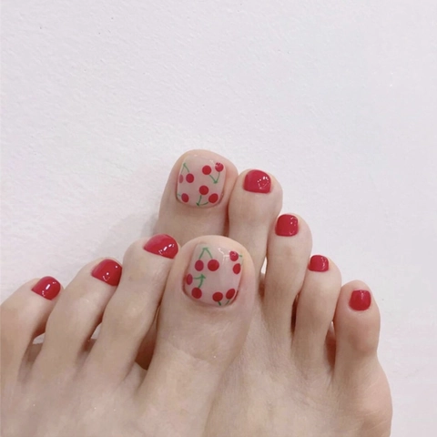 Red Press On Toenails Cherry Pattern Removable Resin Fake Nails Sweet Cute Pedicure For Women