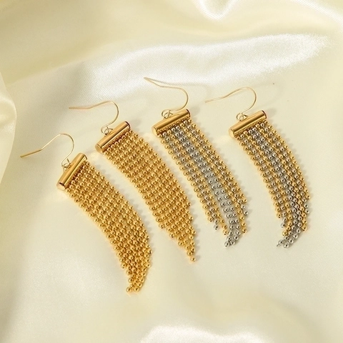 Stainless Steel Personality Long Tassel Bead Chain Drop Earrings 18K Gold Plated Western Style Jewelry For Women