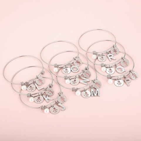 Stainless Steel Letter Charm Bracelet With Faux Artificial Pearl Boy Girl Hollow Charms Adjustable Silver Color Alphabet Bangle