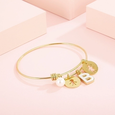 Adjustable Gold Plated Stainless Steel Bangle Bracelet With Initial Letter Artificial Pearl And Hollow Boy Girl Charms