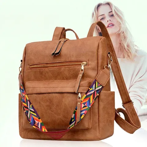 Women Fashion Backpack PU Leather Retro Bohemian Large Capacity Multi-Purpose Bag With Ethnic Woven Strap Anti-Theft