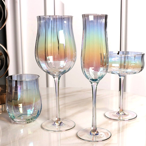 Irisierendes Weinglas Goldrand Champagnerflöte Bleifreies Geripptes Glas Moderne Luxus Elegante Trinkgläser Für Hochzeit Party