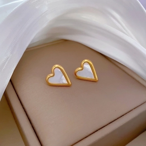 Heart Stud Earrings Stainless Steel With White Mother Of Artificial Pearl Inlay Minimalist Elegant Jewelry For Women