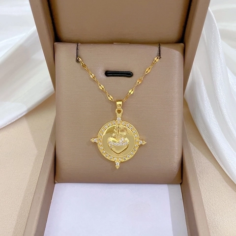 Sacred Heart Cross Pendant Necklace Stainless Steel Chain Copper Micro Inlaid Zircon Vintage Elegant Jewelry For Women