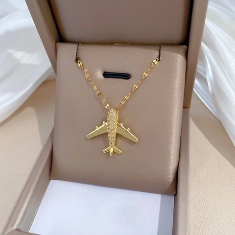 Vliegtuig Hanger Ketting Goud Verguld Roestvrij Staal En Koper Zirkoon Elegante Reisjuwelen Voor Vrouwen