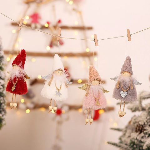 Angelo Di Natale Ornamento Appeso In Peluche Bambola Di Stoffa Con Perle Di Legno E Ali Glitterate Per Albero