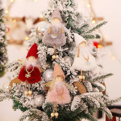 Angelo Di Natale Ornamento Appeso In Peluche Bambola Di Stoffa Con Perle Di Legno E Ali Glitterate Per Albero