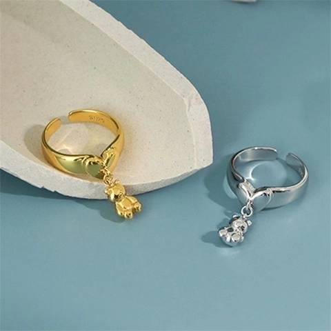 Anillo Abierto Ajustable Con Colgante De Oso Corazón Plata De Ley 925 Joyería De Animales Lindos Regalo Para Mujeres Niñas