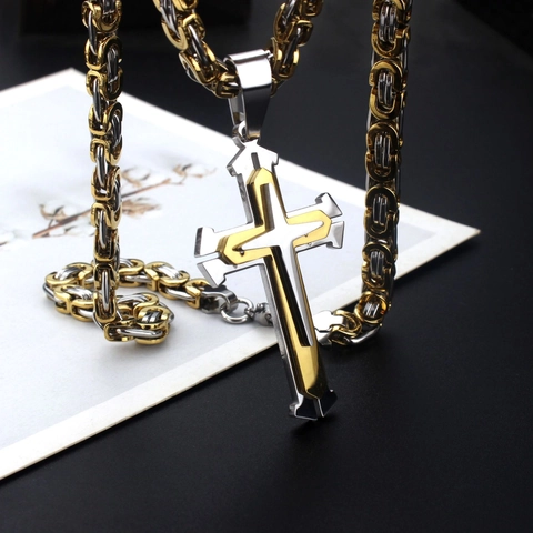 Collier Pendentif Croix Homme Bicolore Or Argent Acier Inoxydable Style Hip Hop Punk Chaîne Byzantine Bijoux Accessoire