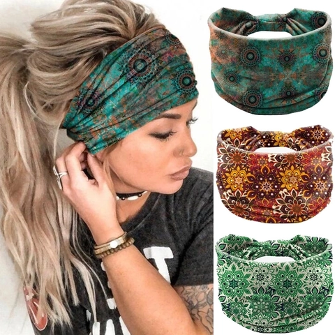 Breites Stirnband Elastischer Stoff Böhmisch Mandala Druck Ethno Stil Für Frauen Sport Yoga Haarschmuck