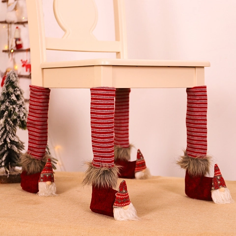 Housses De Pieds De Chaise De Noël Tricot Gnome Protecteurs De Pied De Table Rayé Rouge Blanc Lin Fausse Fourrure