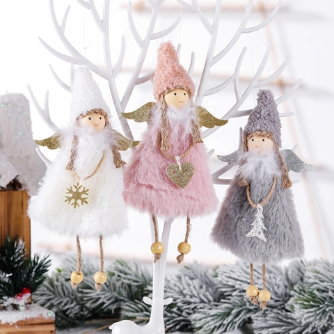 Christmas Angel Hanging Ornaments Plush Dolls With Knitted Hat And Wood Beads For Home Tree Decoration