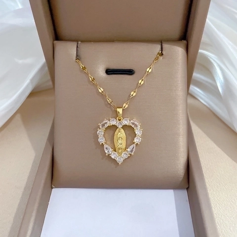 Collana Pendente Cuore Vergine Maria Acciaio Inossidabile Rame Zircone Religioso Vintage Gioielli Oro Per Donne