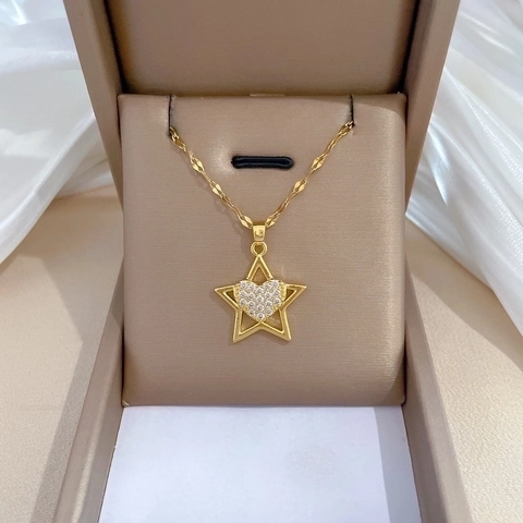 Hanger Ketting Roestvrijstalen Ketting Koper Ster Hol Hart Pave Zirkonia Elegante Sieraden Voor Dames Veelzijdig