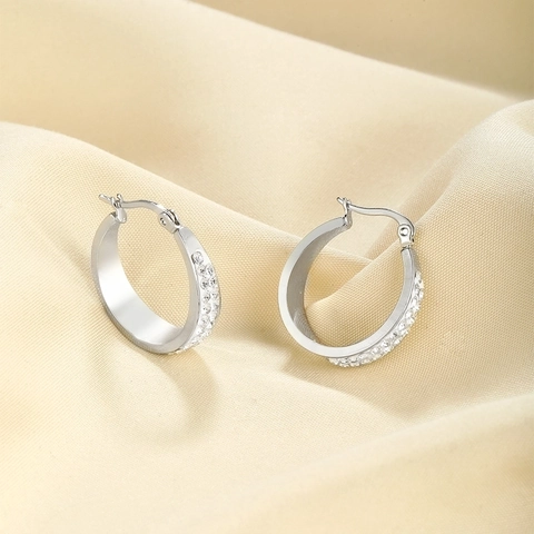 Minimalistische Edelstahl Zweireihige Strass Hoop Ohrringe Für Damen Mode Silber Rund Geometrisch Ohrringe Schmuck