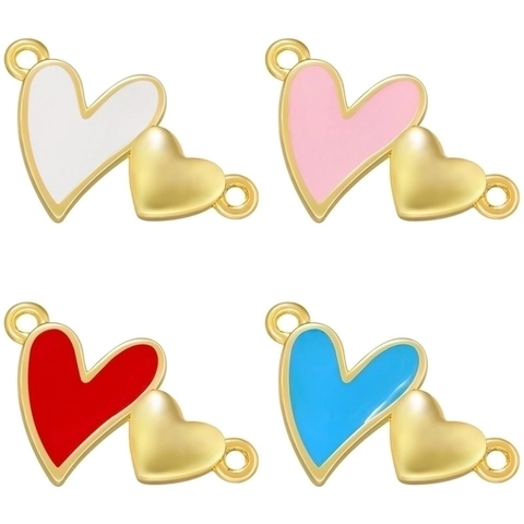 Connettore Per Pendente A Doppio Cuore Rame Placcato Oro 18K Smalto Zirconia Charm Romantico Per Creazione Di Gioielli Donne