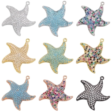 Starfish Pendant Charm Brass Gold Plated Cubic Zirconia Turquoise Inlaid DIY Jewelry Making Nautical Ocean Style
