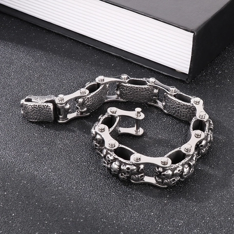 Bracciale Con Teschio Da Uomo Acciaio Inossidabile Punk Catena Per Bicicletta Gotico Retro Argento Gioielli Industriali