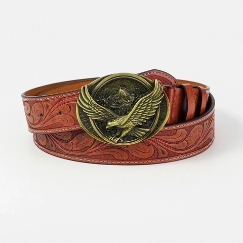Men Vintage PU Leather Belt Embossed Floral Pattern Eagle Alloy Plate Buckle Retro Western Style Accessory