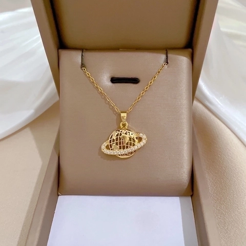 Collier Pendentif Planète Chaîne Acier Inoxydable Cuivre Zircon Terre Saturne Style Bijoux Luxe Élégants Pour Femmes